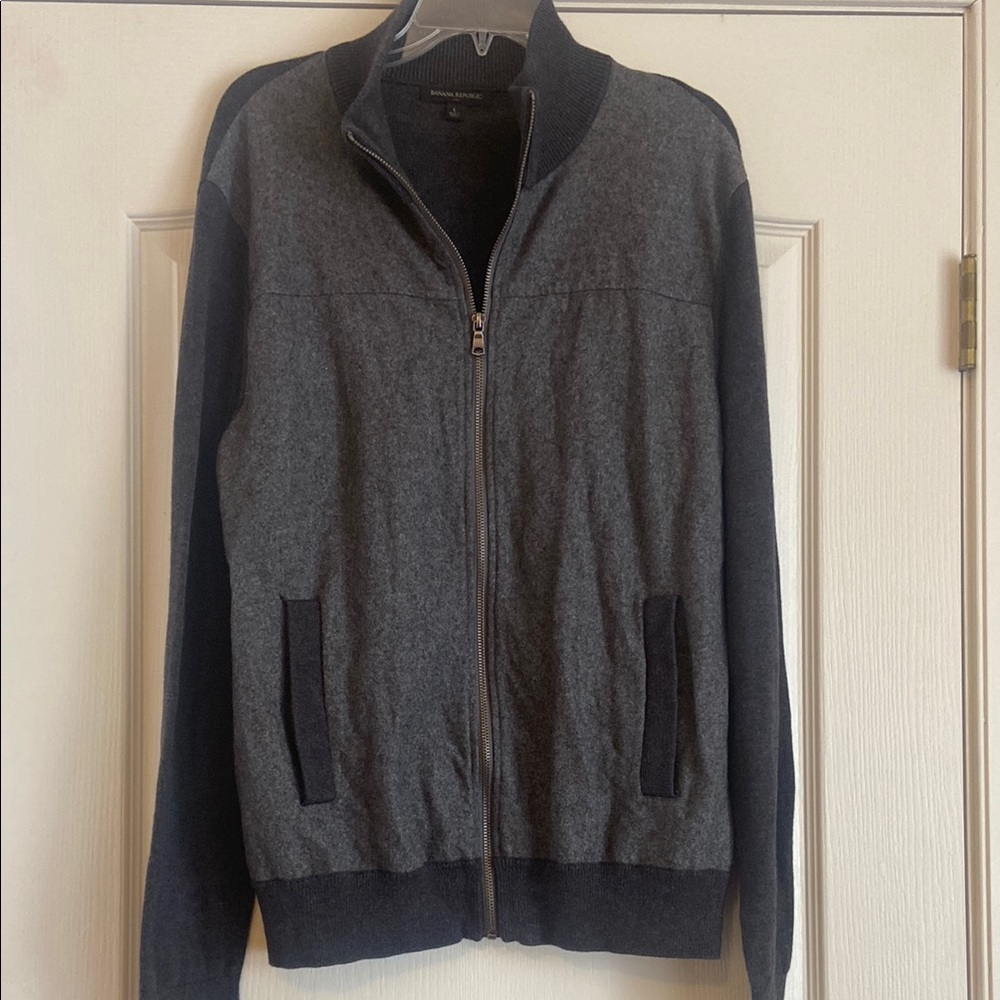 Banana Republic Gray and Black Zip Up Sweater with Ribbed Collar